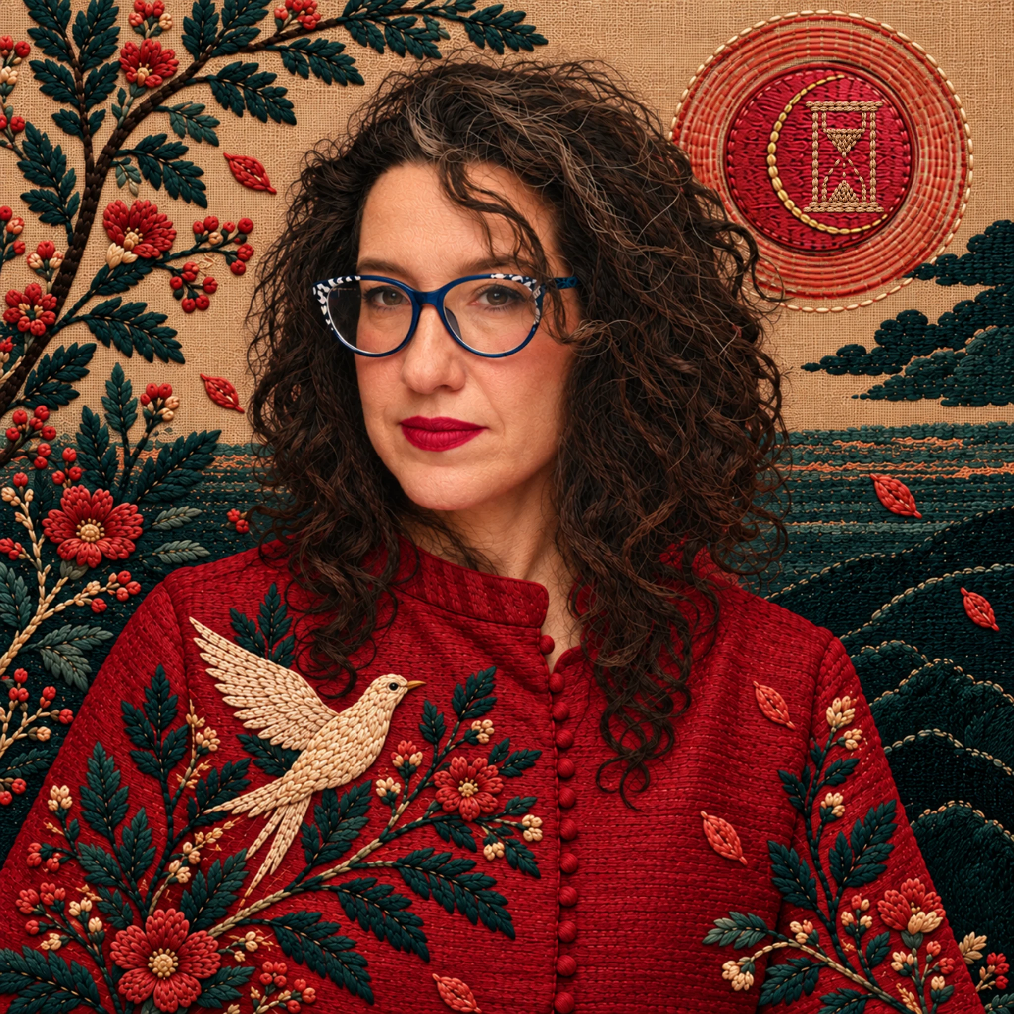 Portrait of Shira Z. Carmel in an embroidered red jacket